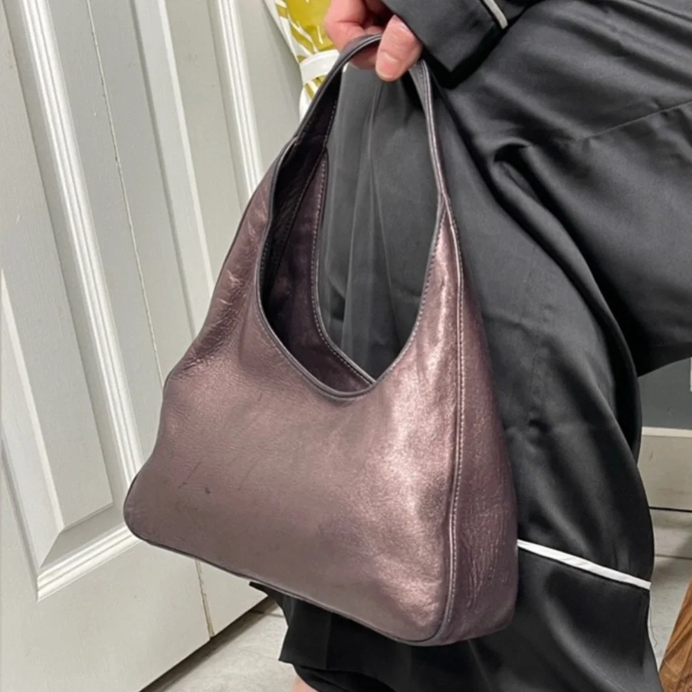 Auth Prada Rare 1998 Asymmetric Mordore mini Hobo Bag Leather metallic purple